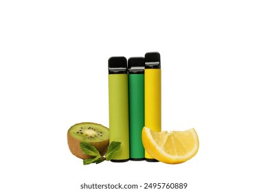 PNG, Electronic cigarettes with kiwi and lemon, isolated on white background