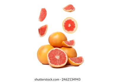 PNG, Falling grapefruit slices and grapefruits, isolated on white background