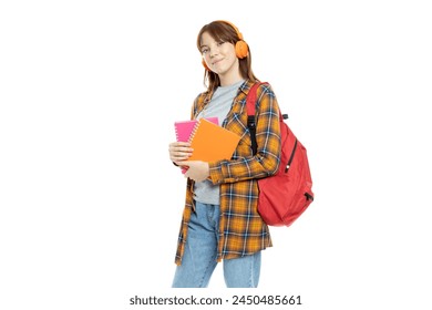 PNG, girl with books in her hands, isolated on white background