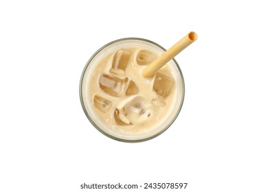 PNG, Glass with iced coffee and straw, isolated on white background, top view