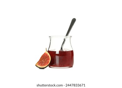 PNG, Glass jar with fig jam and spoon, piece of fig, isolated on white background