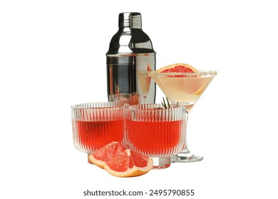 PNG, Grapefruit cocktail in glasses, shaker and grapefruit pieces, isolated on white background