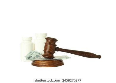 PNG, judge's gavel, pills and money, isolated on white background.