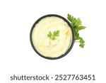 PNG, Mashed potatoes in bowl and sprig of parsley, isolated on white background, top view