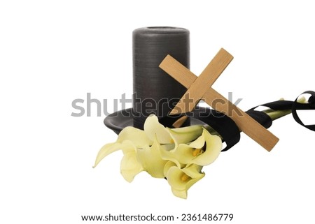 PNG, mourning candle with flowers and cross isolated on white background.