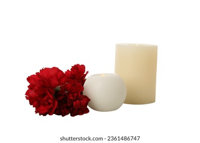 PNG, mourning candles with flowers, isolated on white background.