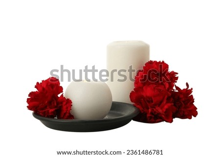 PNG, mourning candles with flowers, isolated on white background