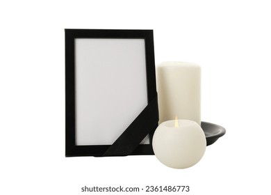 PNG, mourning candles with photo frame isolated on white background.