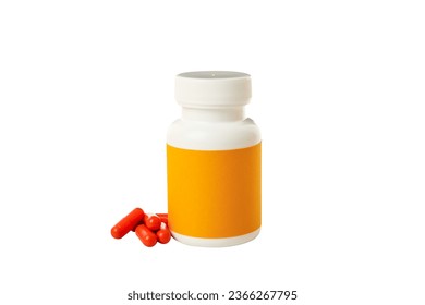 PNG, plastic jar with pills, isolated on white background.