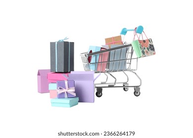 PNG, shopping basket with gifts isolated on white background.