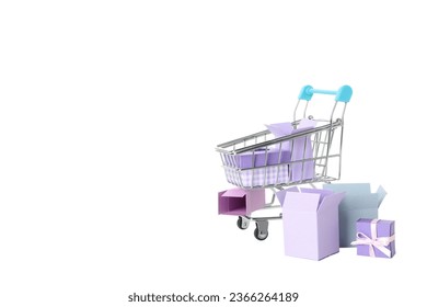 PNG, shopping basket with gifts isolated on white background.