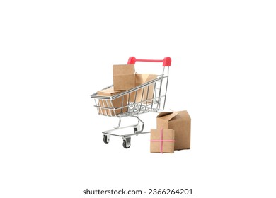 PNG, shopping basket with gifts isolated on white background.