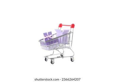 PNG, shopping basket with gifts isolated on white background.