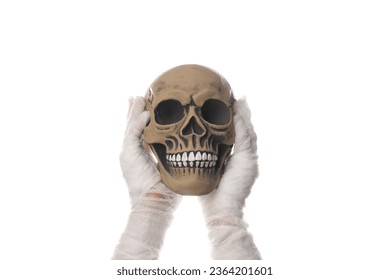 PNG, Skull in hands in white bandage, isolated on white background