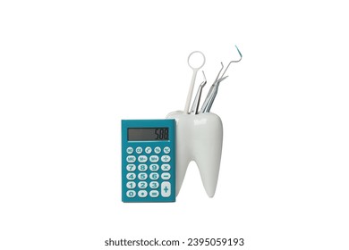 PNG, Tooth with dental instruments and calculator, isolated on white background