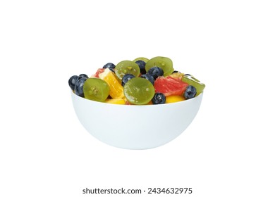 PNG, white plate with fruit salad, isolated on white background.