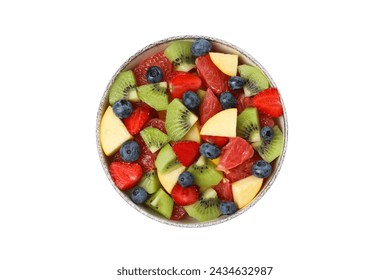 PNG, white plate with fruit salad, isolated on white background.