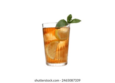 PNG,A glass of cold tea with an orange, isolated on white background