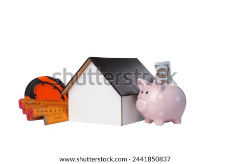 PNG,a wooden house with a ruler and a piggy bank, isolated on white background