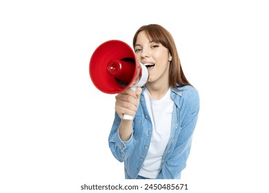 PNG,An attractive young girl with a loudspeaker in her hands, isolated on white background