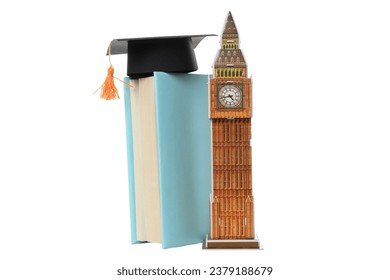 PNG,Books with toy BIG Ben, isolated on white background