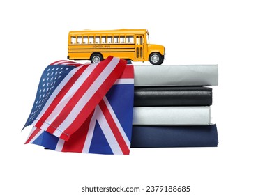 PNG,Books with a toy bus and flags, isolated on white background