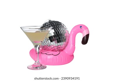 PNG,Disco ball in hand with flamingo and cocktail, isolated on white background