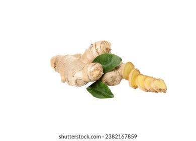 PNG,fresh ginger root cut into slices, isolated on white background