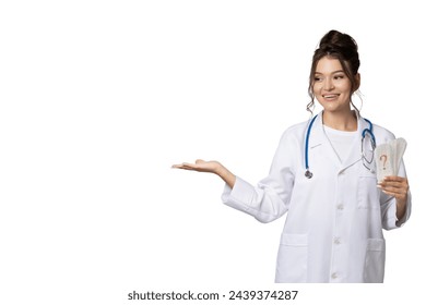 PNG,girl in a doctor's gown with a stethoscope, isolated on white background