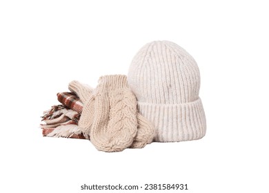 PNG,knitted hat with gloves, isolated on white background