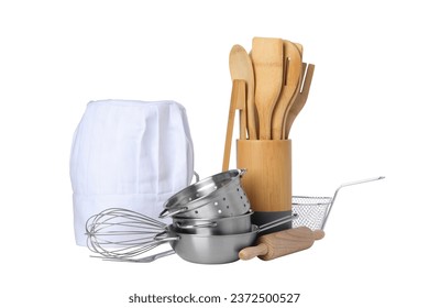 PNG,metal pans with cutlery, isolated on white background