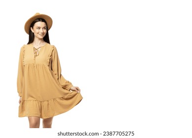 PNG,young brunette in a dress and hat, isolated on white background