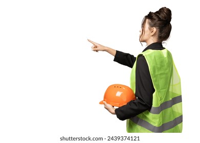 PNG,young girl in the uniform of a construction worker with a hard hat, isolated on white background