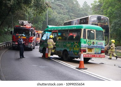 Po Lam, Hong Kong - 11 March 2017: Firefighter And Police Checking The Minibus Involved In A Traffic Accident.