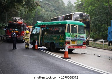 Po Lam, Hong Kong - 11 March 2017: Firefighter Check And Clean Up The Minibus Involved In A Traffic Accident.