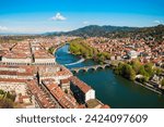 The Po river aerial panoramic view in the centre of Turin city, Piedmont region of Italy