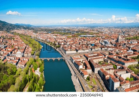 The Po river aerial panoramic view in the centre of Turin city, Piedmont region of Italy