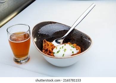 Poached Egg Over Noodles With Amber Ale