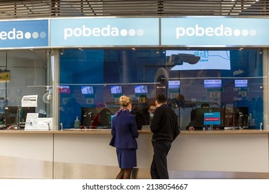 Pobeda Airline Office At The Airport. Moscow, Russia, 10-26-2021.