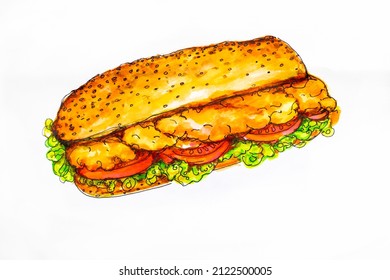 Po-boy Burger With Fried Fish, Cuisine Of New Orleans, USA, Watercolor Illustration On A White Background, Sketch