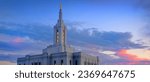 Pocatello Idaho LDS Mormon Latter-day Saint Temple with lights at sunset Angel Moroni