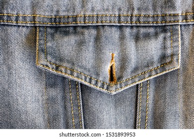 Pocket Of A Blue Denim Jacket Close-up, Clothes, Jean, Buttonhole, Fabric Texture