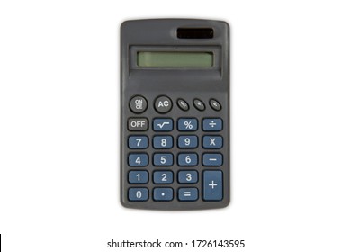 pocket calculator on white background seen from above