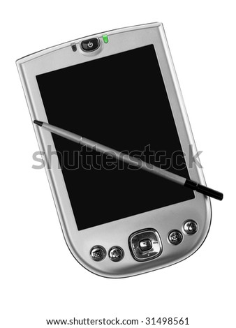 Pocket computer and stylus isolated on white background with clipping path and blank screen