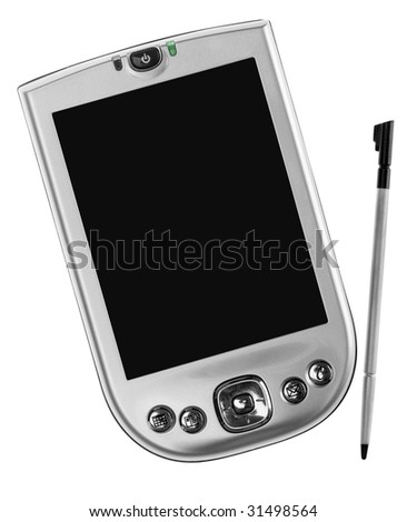 Pocket computer and stylus isolated on white background with clipping path and blank screen