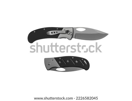 Pocket folding knife isolate on white background. Compact metal sharp knife with a folding blade.