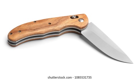 Pocket Knife With Wooden Handle Isolated On White