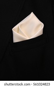 Pocket Square Creamy-white Silk - Handkerchief In The Breast Pocket Of A Man's Wool Luxury Black Suit