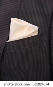 Pocket Square Creamy-white Silk - Handkerchief In The Breast Pocket Of A Man's Wool Luxury Gray Suit