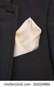 Pocket Square Creamy-white Silk - Handkerchief In The Breast Pocket Of A Man's Wool Luxury Gray Suit